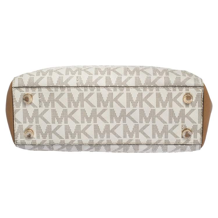 Pre Owned MICHAEL Michael Kors Beige/Tan Monogram Coated Canvas and Leather Tote
