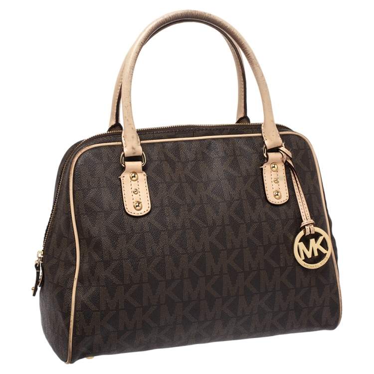 Pre Owned MICHAEL Michael Kors Brown Coated Canvas and Leather Cindy Dome Satchel