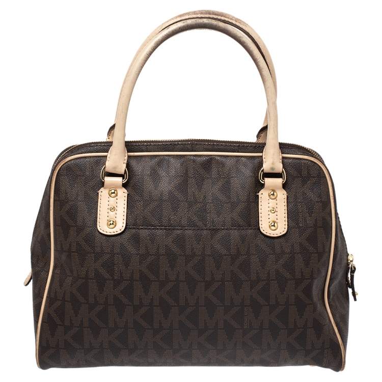 Pre Owned MICHAEL Michael Kors Brown Coated Canvas and Leather Cindy Dome Satchel
