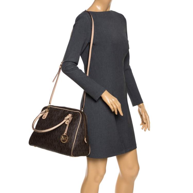 Pre Owned MICHAEL Michael Kors Brown Coated Canvas and Leather Cindy Dome Satchel