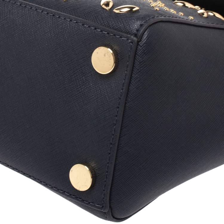 Pre Owned Michael Kors Navy Blue Studded Leather Medium Ava Top Handle Bag