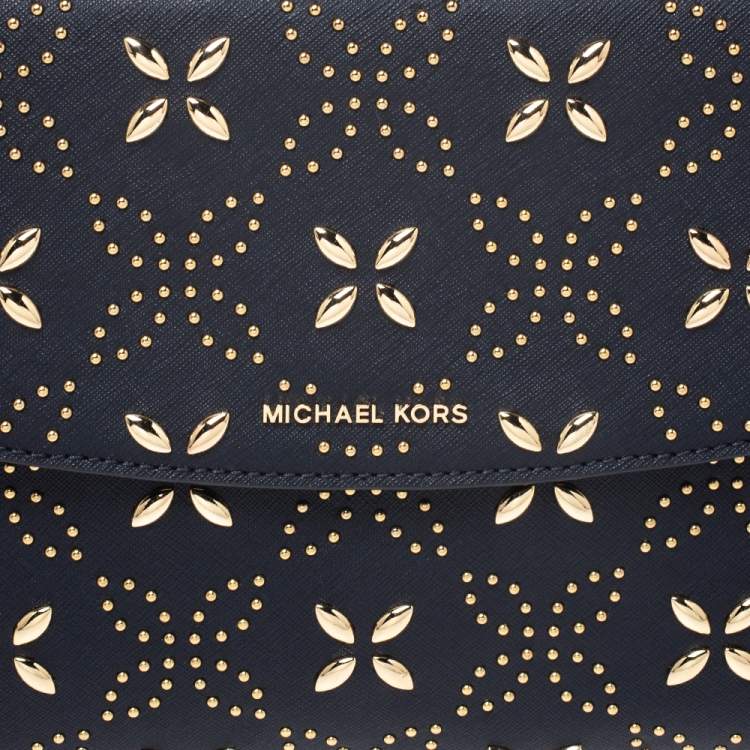 Pre Owned Michael Kors Navy Blue Studded Leather Medium Ava Top Handle Bag