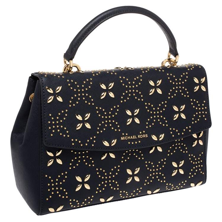 Pre Owned Michael Kors Navy Blue Studded Leather Medium Ava Top Handle Bag