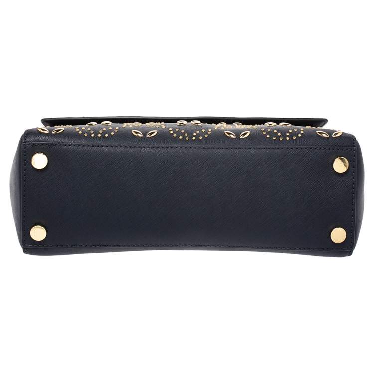 Pre Owned Michael Kors Navy Blue Studded Leather Medium Ava Top Handle Bag