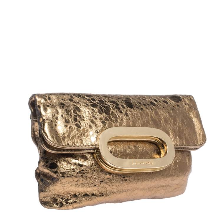 Pre Owned Michael Kors Metallic Gold Leather Fold Over Clutch