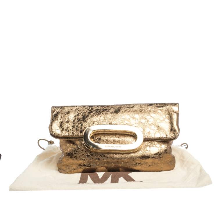 Pre Owned Michael Kors Metallic Gold Leather Fold Over Clutch