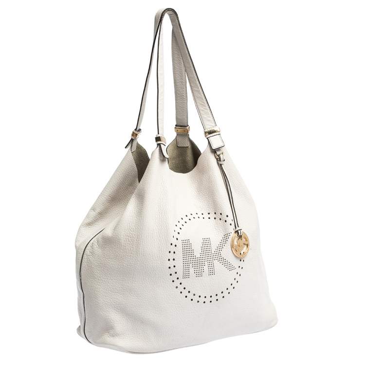 Pre Owned Michael Kors Grey Perforated Leather Logo Grab Hobo