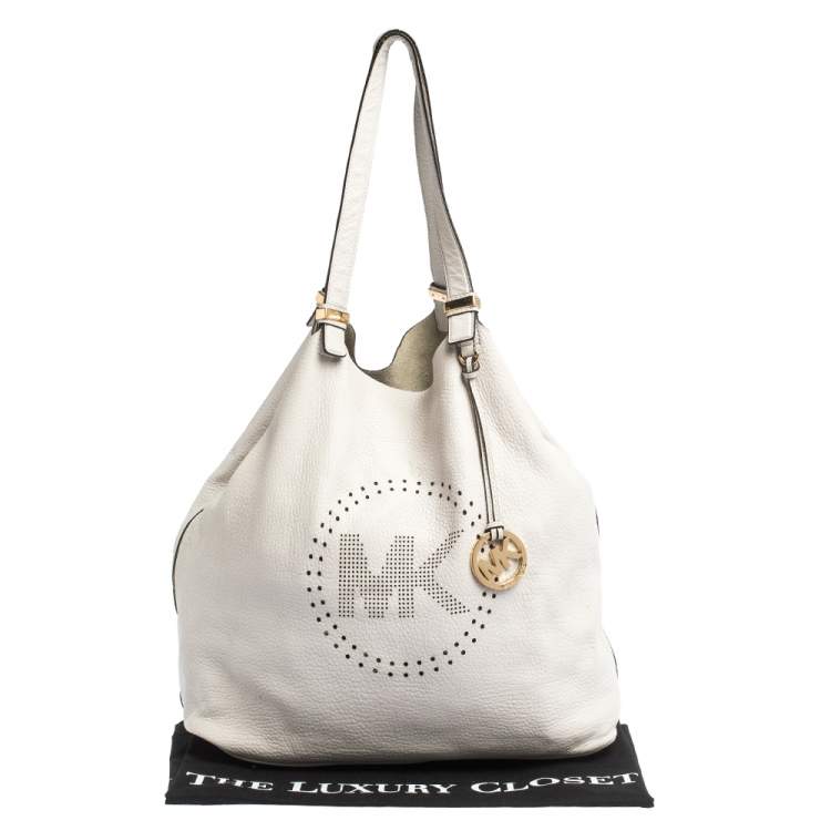 Pre Owned Michael Kors Grey Perforated Leather Logo Grab Hobo