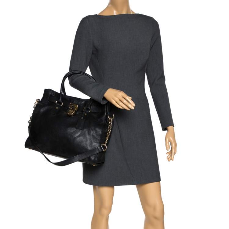 Pre Owned Michael Michael Kors Black Leather Large Hamilton North South Tote