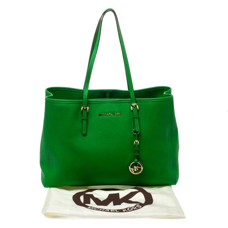 Pre Owned Michael Kors Green Leather Jet Set Travel Tote 