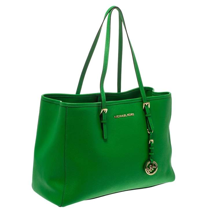 Pre Owned Michael Kors Green Leather Jet Set Travel Tote 