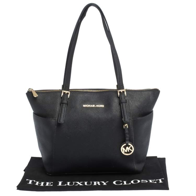 Pre Owned MICHAEL Michael Kors Black Saffiano Leather Top-zip Jet Set Tote