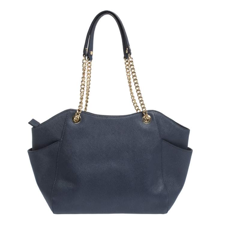 Pre Owned Michael Kors Navy Blue Leather Jet Set Travel Chain Shoulder Bag