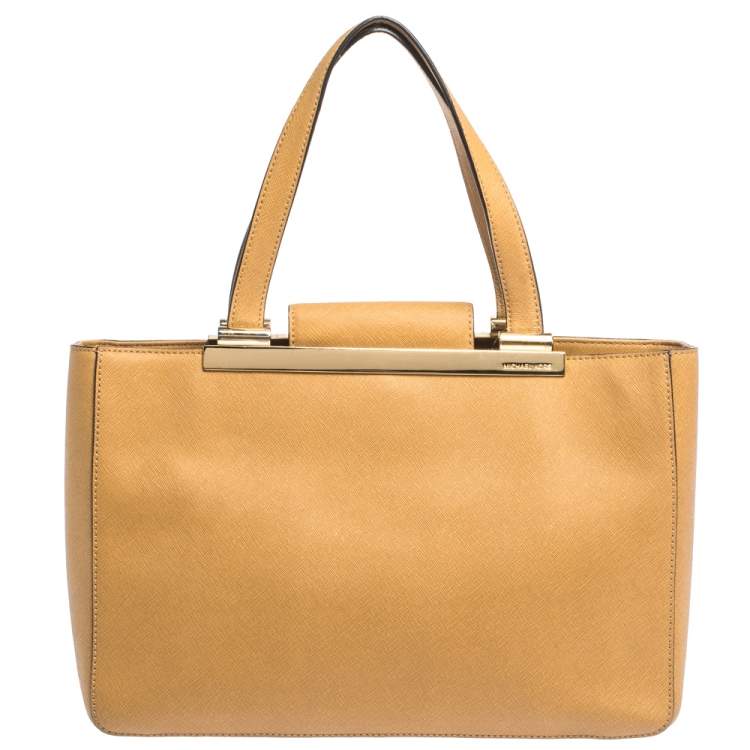 Pre Owned MICHAEL Michael Kors Light Brown Leather Metal Detail Handle Tote