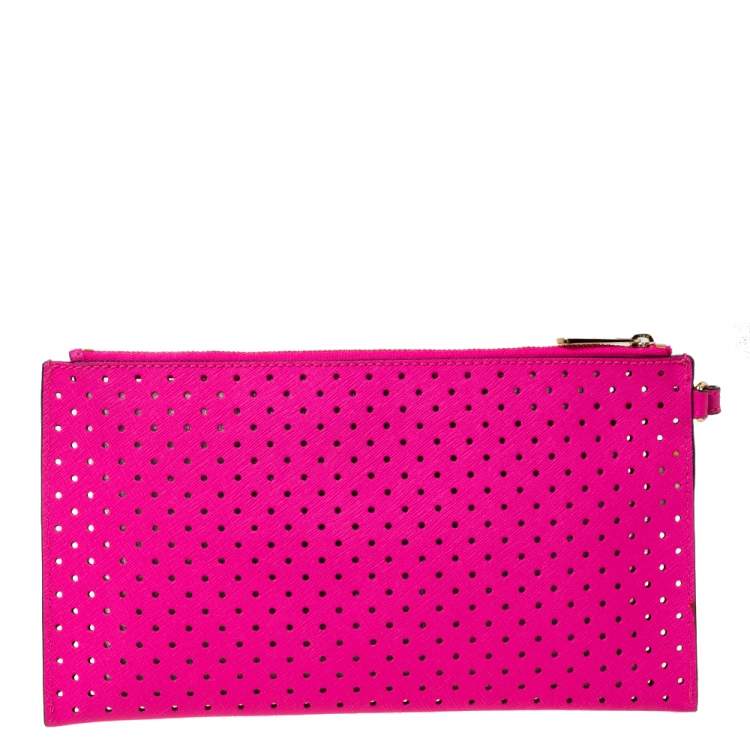 Pre Owned Michael Kors Hot Pink Perforated Leather Jet Set Wristlet Pouch