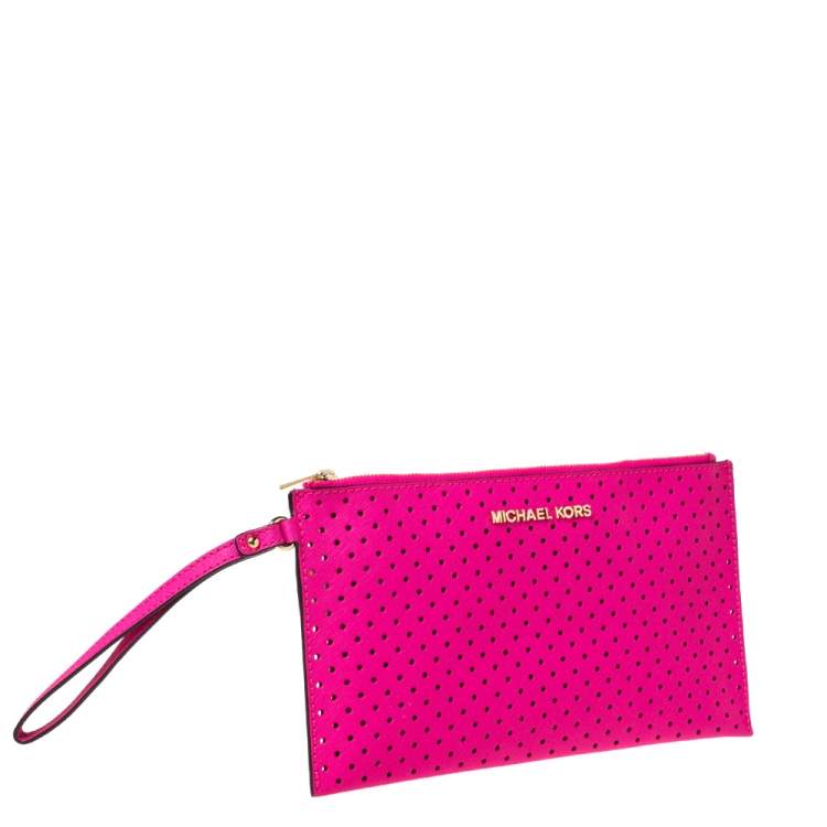 Pre Owned Michael Kors Hot Pink Perforated Leather Jet Set Wristlet Pouch