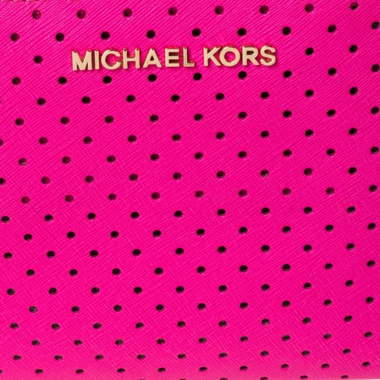 Pre Owned Michael Kors Hot Pink Perforated Leather Jet Set Wristlet Pouch