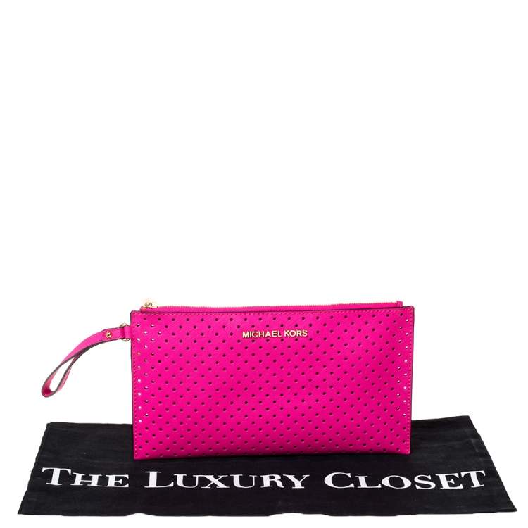 Pre Owned Michael Kors Hot Pink Perforated Leather Jet Set Wristlet Pouch