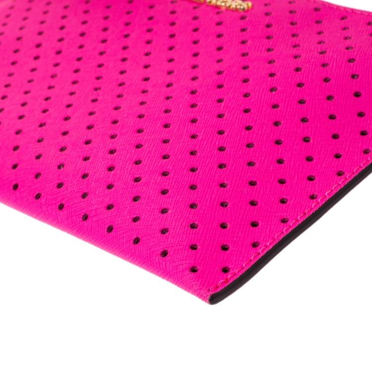 Pre Owned Michael Kors Hot Pink Perforated Leather Jet Set Wristlet Pouch