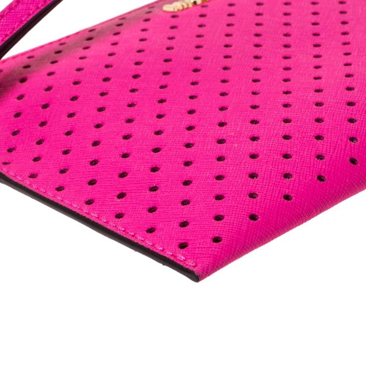Pre Owned Michael Kors Hot Pink Perforated Leather Jet Set Wristlet Pouch