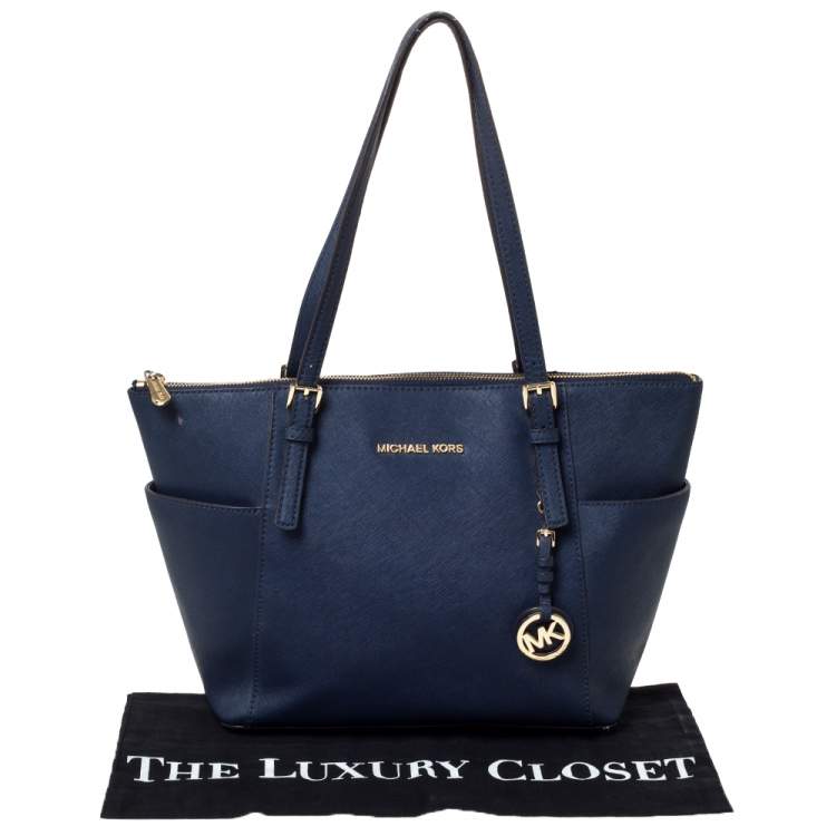 Pre Owned Michael Michael Kors Blue Leather Medium Jet Set Top Zip Tote