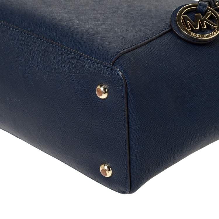 Pre Owned Michael Michael Kors Blue Leather Medium Jet Set Top Zip Tote