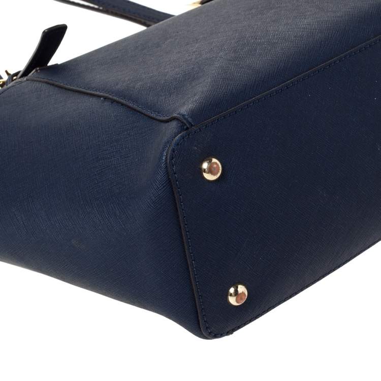 Pre Owned Michael Michael Kors Blue Leather Medium Jet Set Top Zip Tote