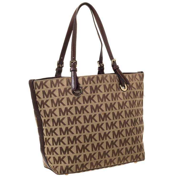 Pre Owned Michael Kors Beige/Brown Canvas and Leather Tote