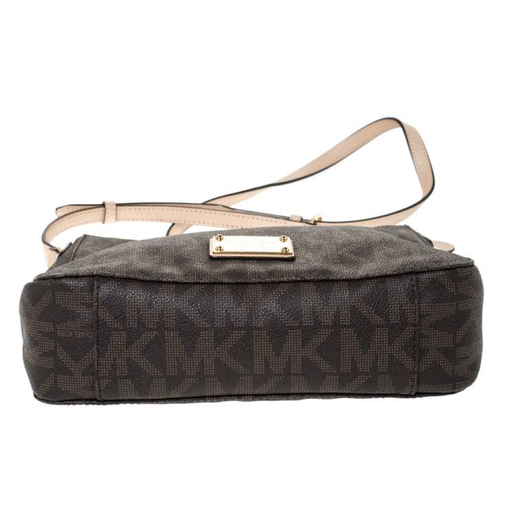 Pre Owned Michael Michael Kors Brown Coated Canvas and Leather Jet Set Travel Messenger Bag