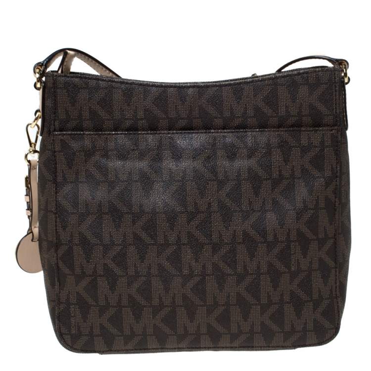 Pre Owned Michael Michael Kors Brown Coated Canvas and Leather Jet Set Travel Messenger Bag