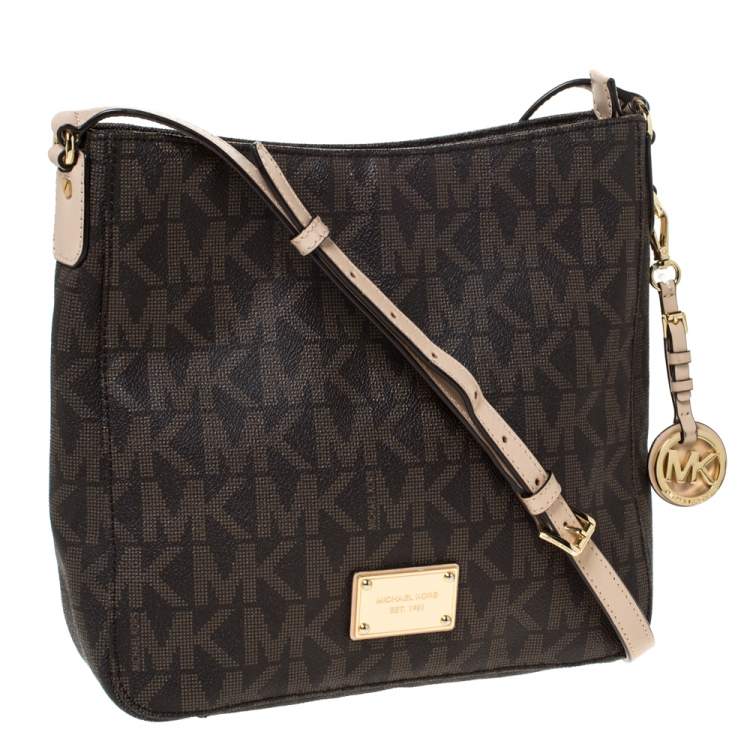 Pre Owned Michael Michael Kors Brown Coated Canvas and Leather Jet Set Travel Messenger Bag