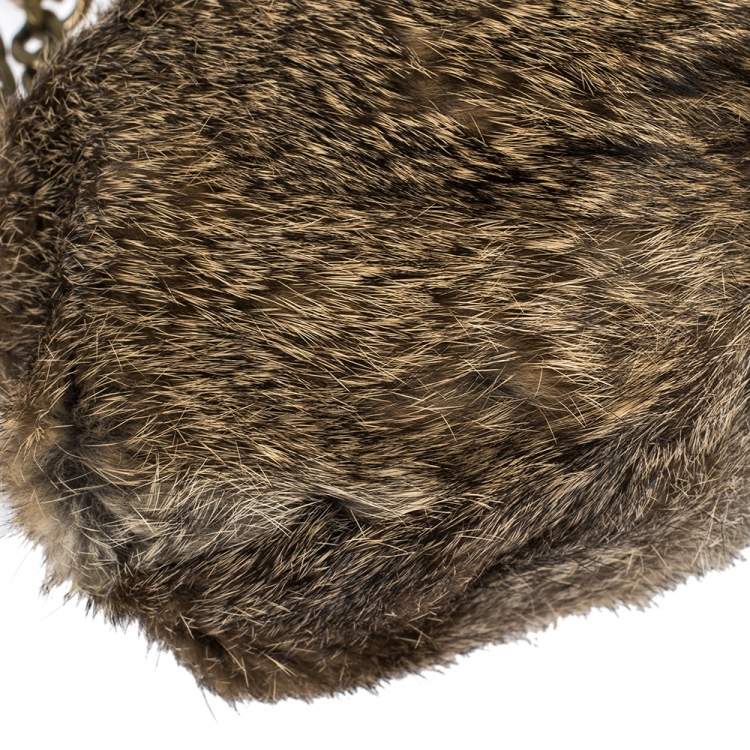 Pre Owned MICHAEL Michael Kors Light Brown Fox Fur and Leather Frame Chain Shoulder Bag