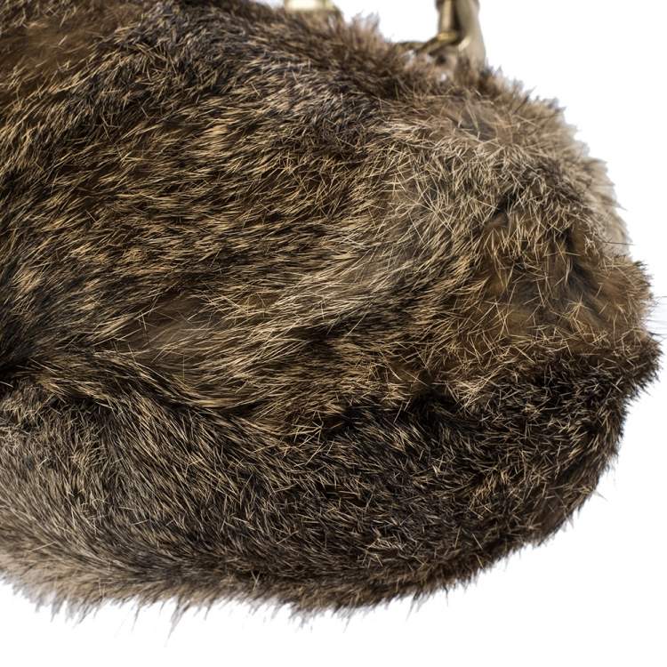 Pre Owned MICHAEL Michael Kors Light Brown Fox Fur and Leather Frame Chain Shoulder Bag