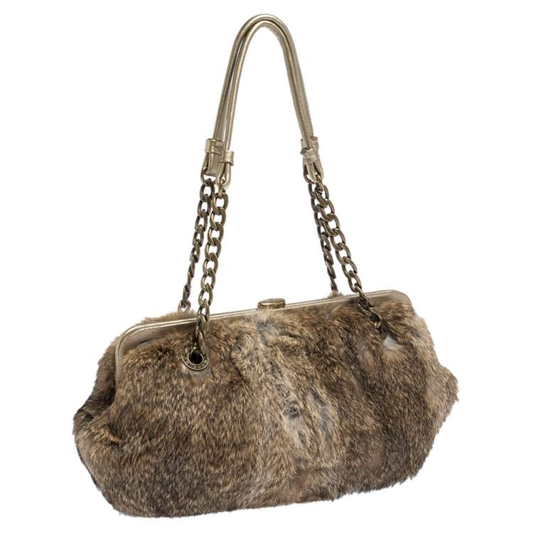 Pre Owned MICHAEL Michael Kors Light Brown Fox Fur and Leather Frame Chain Shoulder Bag