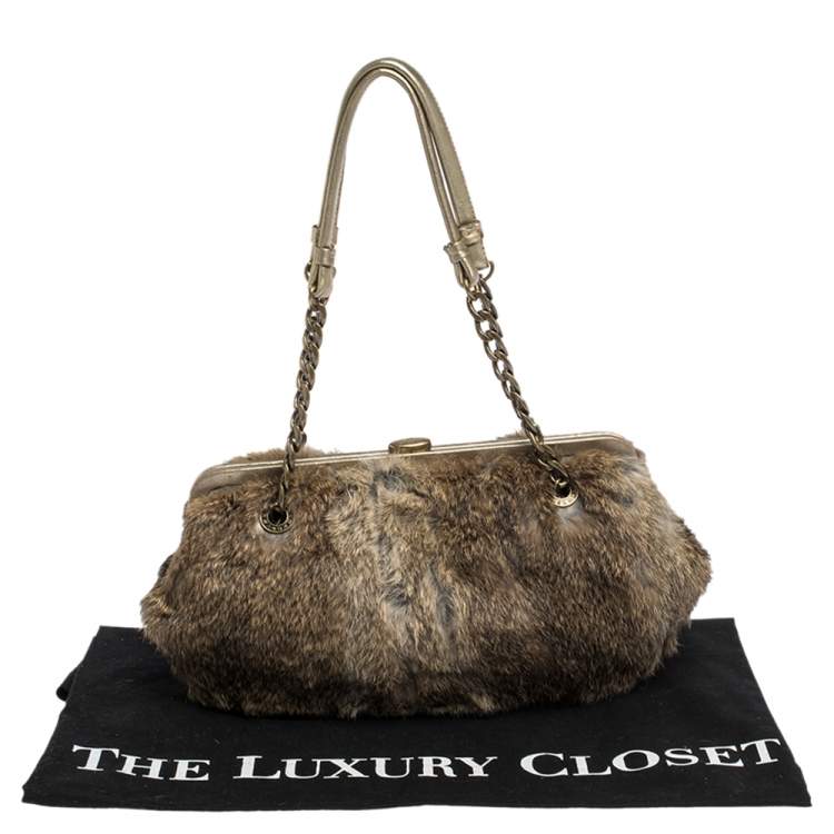 Pre Owned MICHAEL Michael Kors Light Brown Fox Fur and Leather Frame Chain Shoulder Bag