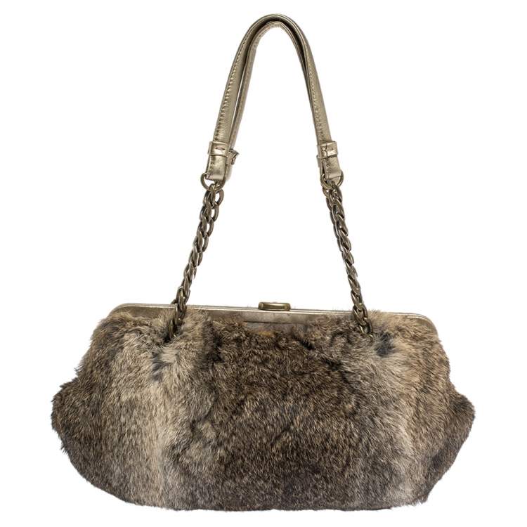Pre Owned MICHAEL Michael Kors Light Brown Fox Fur and Leather Frame Chain Shoulder Bag