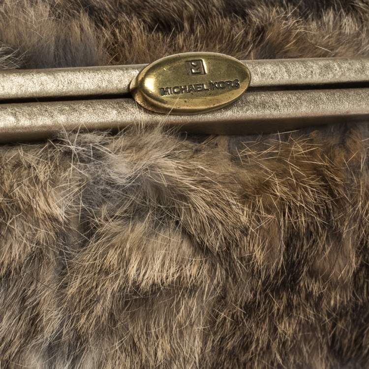 Pre Owned MICHAEL Michael Kors Light Brown Fox Fur and Leather Frame Chain Shoulder Bag
