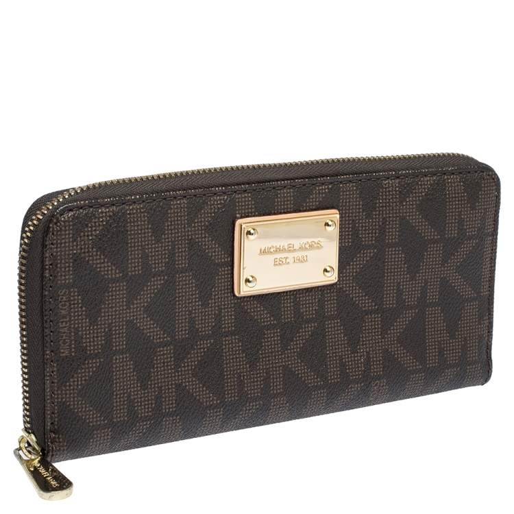 Pre Owned Michael Kors Brown Signature Coated Canvas  Zip Around Wallet