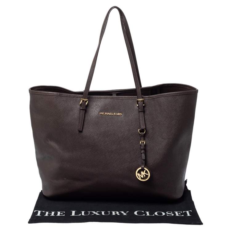 Pre Owned Michael Kors Dark Brown Leather Medium Jet Set Tote