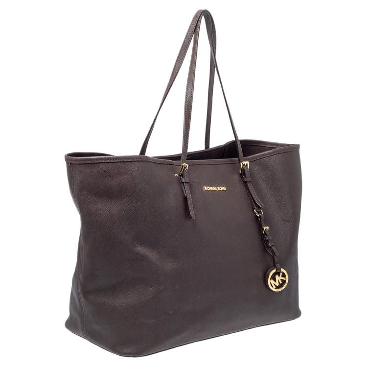 Pre Owned Michael Kors Dark Brown Leather Medium Jet Set Tote