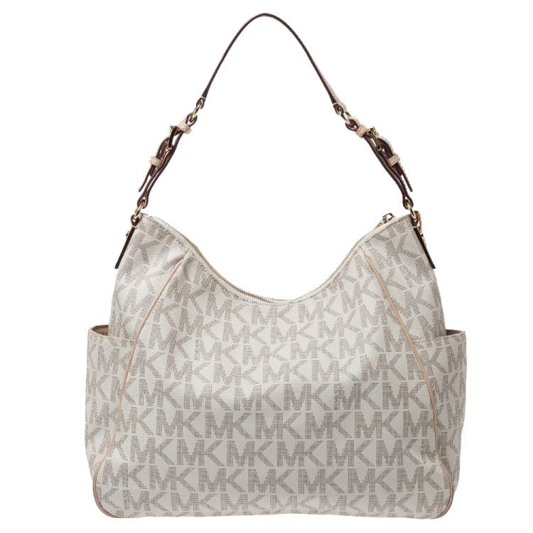 Pre Owned MICHAEL Michael Kors Off White/Beige Signature Coated Canvas and Leather Jet Set Shoulder Bag