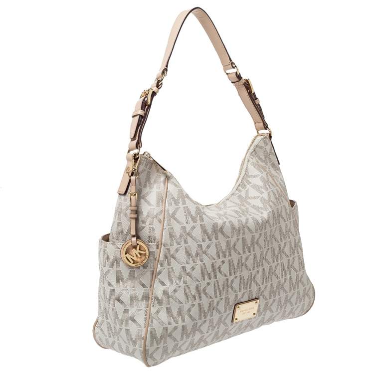 Pre Owned MICHAEL Michael Kors Off White/Beige Signature Coated Canvas and Leather Jet Set Shoulder Bag