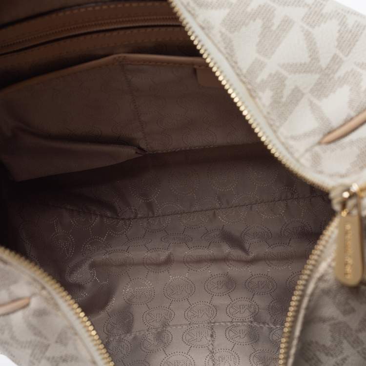 Pre Owned MICHAEL Michael Kors Off White/Beige Signature Coated Canvas and Leather Jet Set Shoulder Bag