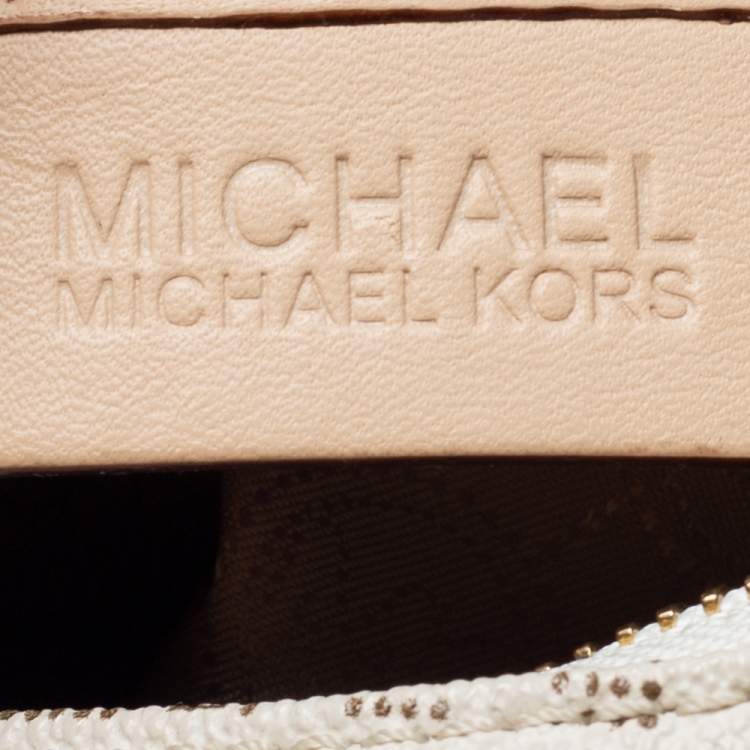 Pre Owned MICHAEL Michael Kors Off White/Beige Signature Coated Canvas and Leather Jet Set Shoulder Bag