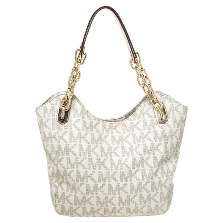 Pre Owned MICHAEL Michael Kors Cream Coated Canvas and Leather Jet Set Travel Chain Shoulder Bag