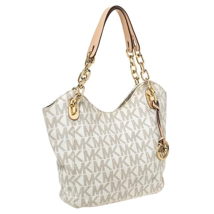 Pre Owned MICHAEL Michael Kors Cream Coated Canvas and Leather Jet Set Travel Chain Shoulder Bag