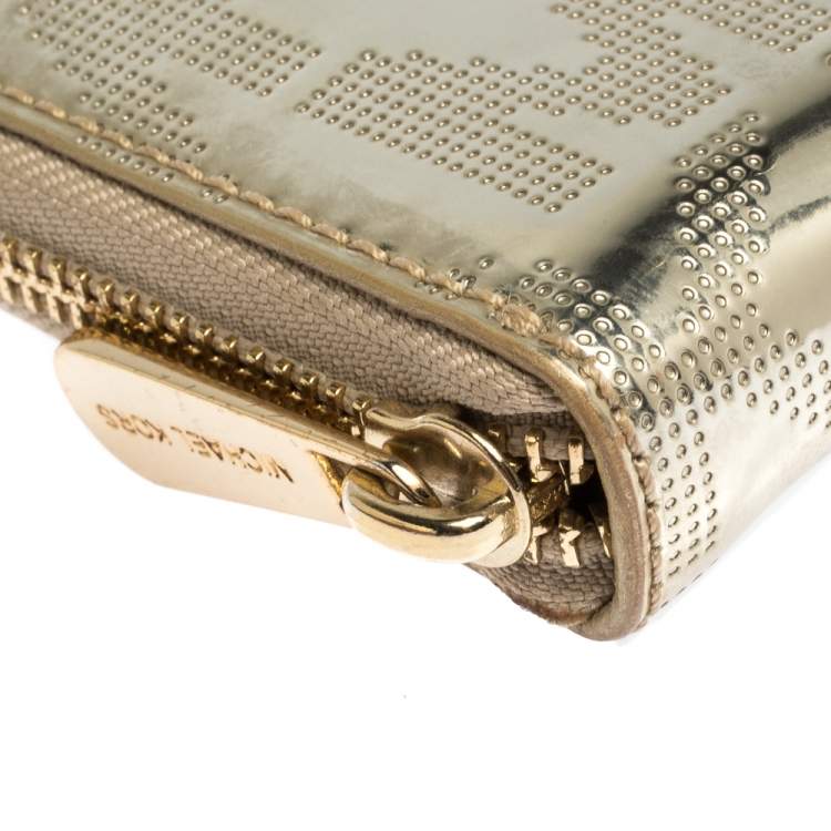 Pre Owned Michael Kors Metallic Gold Mirror Signature PVC Zip Around Wallet