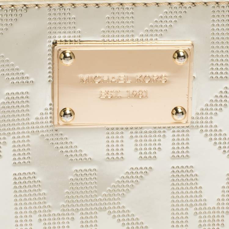 Pre Owned Michael Kors Metallic Gold Mirror Signature PVC Zip Around Wallet