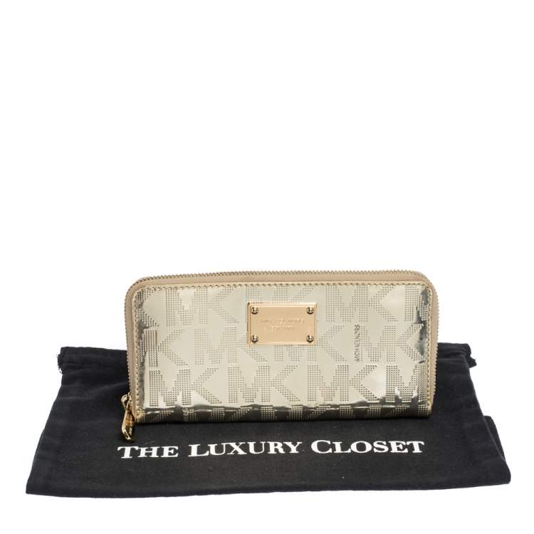 Pre Owned Michael Kors Metallic Gold Mirror Signature PVC Zip Around Wallet