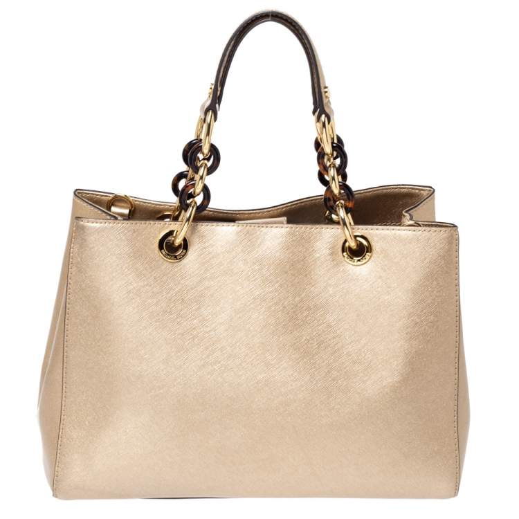 Pre Owned MICHAEL Michael Kors Metallic Gold Leather Medium Cynthia Tote